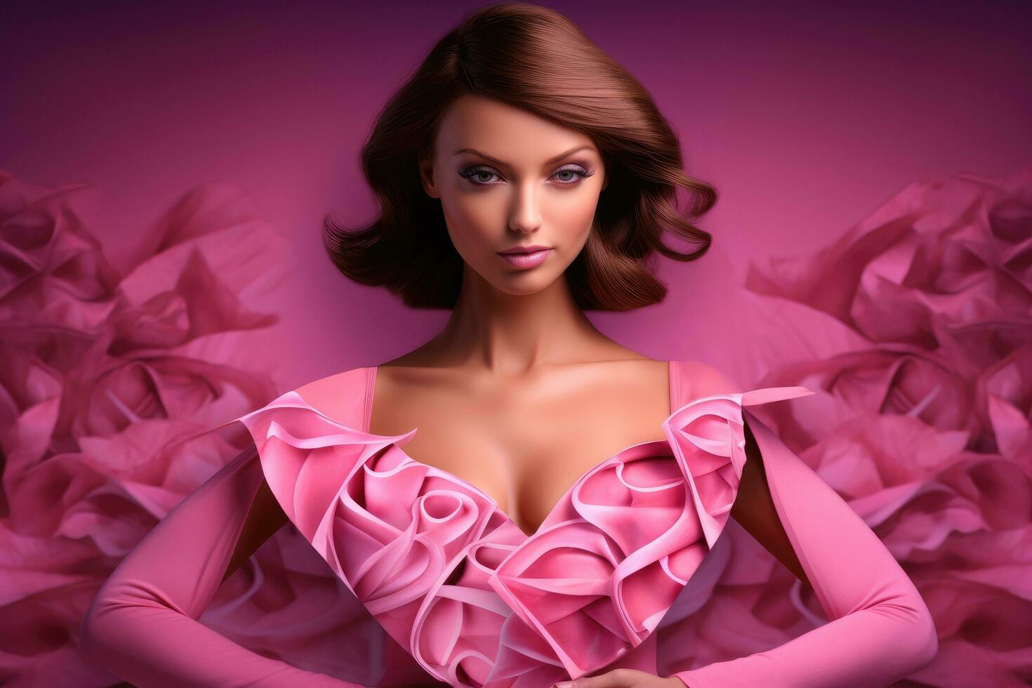 AI generated Portrait of a beautiful young brunette woman in pink dress, Breast cancer awareness month in October, AI Generated photo