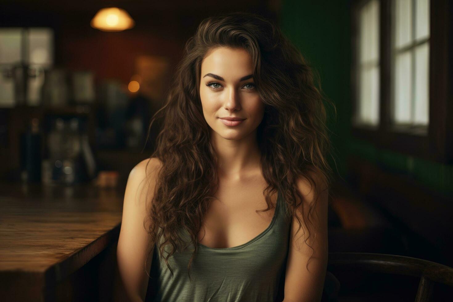 AI generated Portrait of beautiful young woman with long curly hair sitting in cafe, Beautiful woman smiling with crossed arms, AI Generated photo