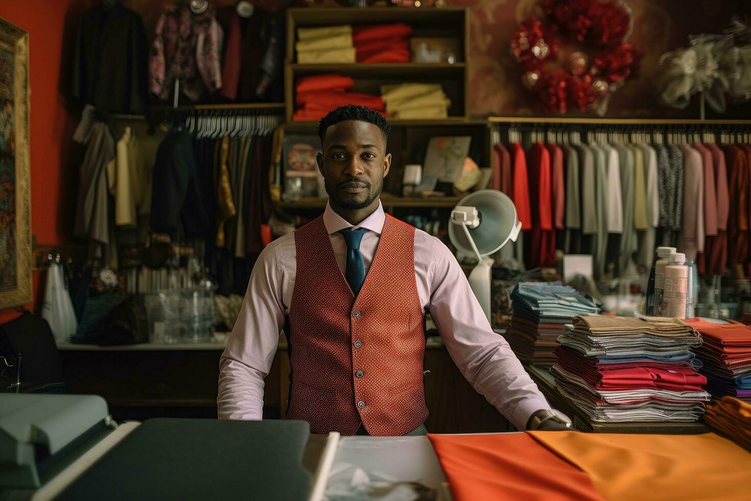 AI generated Portrait of African-American male tailor working in his workshop, Black Drycleaner business owner in his store behind counter, AI Generated photo