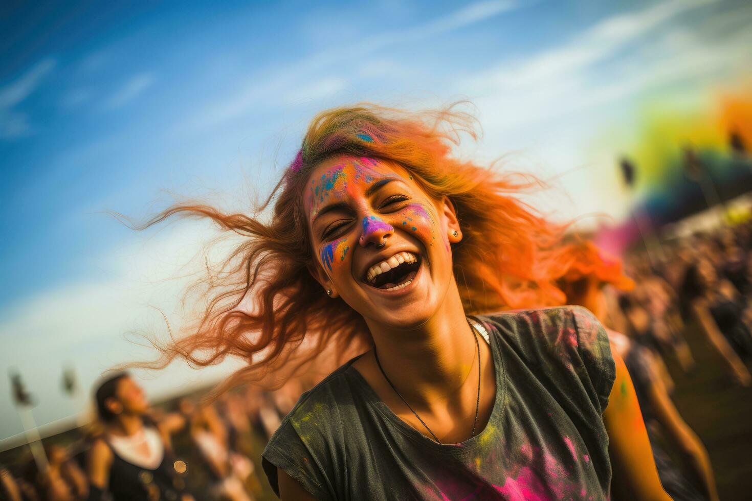 AI generated Portrait of a happy young woman having fun at holi festival, Beautiful young woman having fun at colourful music festival, AI Generated photo