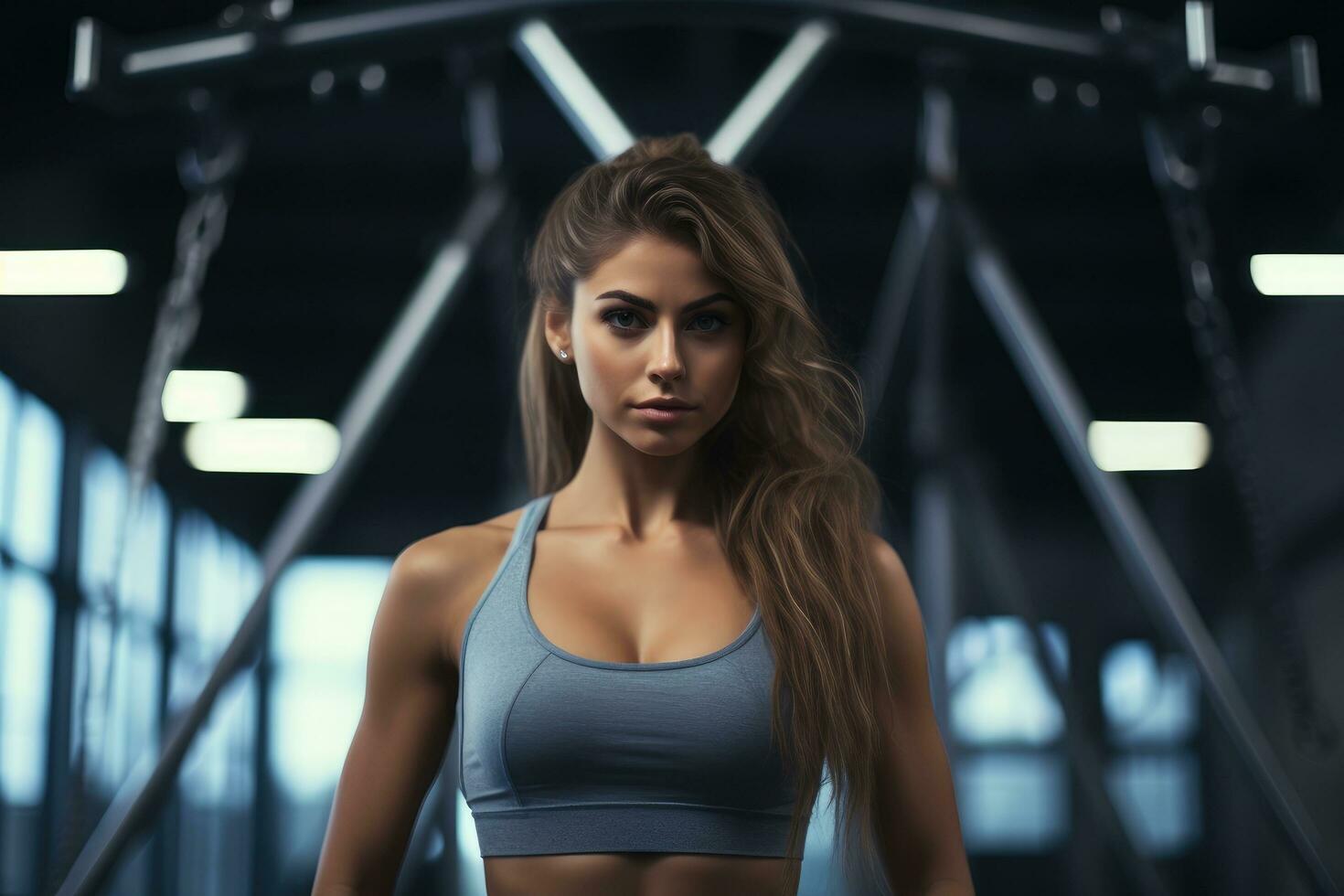AI generated Portrait of beautiful young woman in sportswear posing in gym, Portrait of beautiful woman working out at gym, AI Generated photo