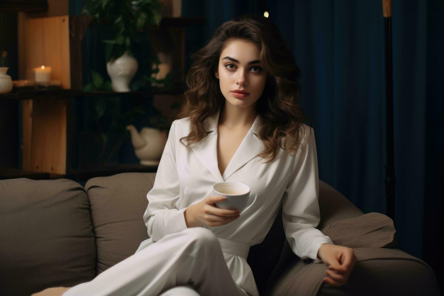 AI generated Portrait of a beautiful girl in a white suit with a cup of coffee, Beautiful young woman with cup of coffee sitting on sofa in living room, AI Generated photo