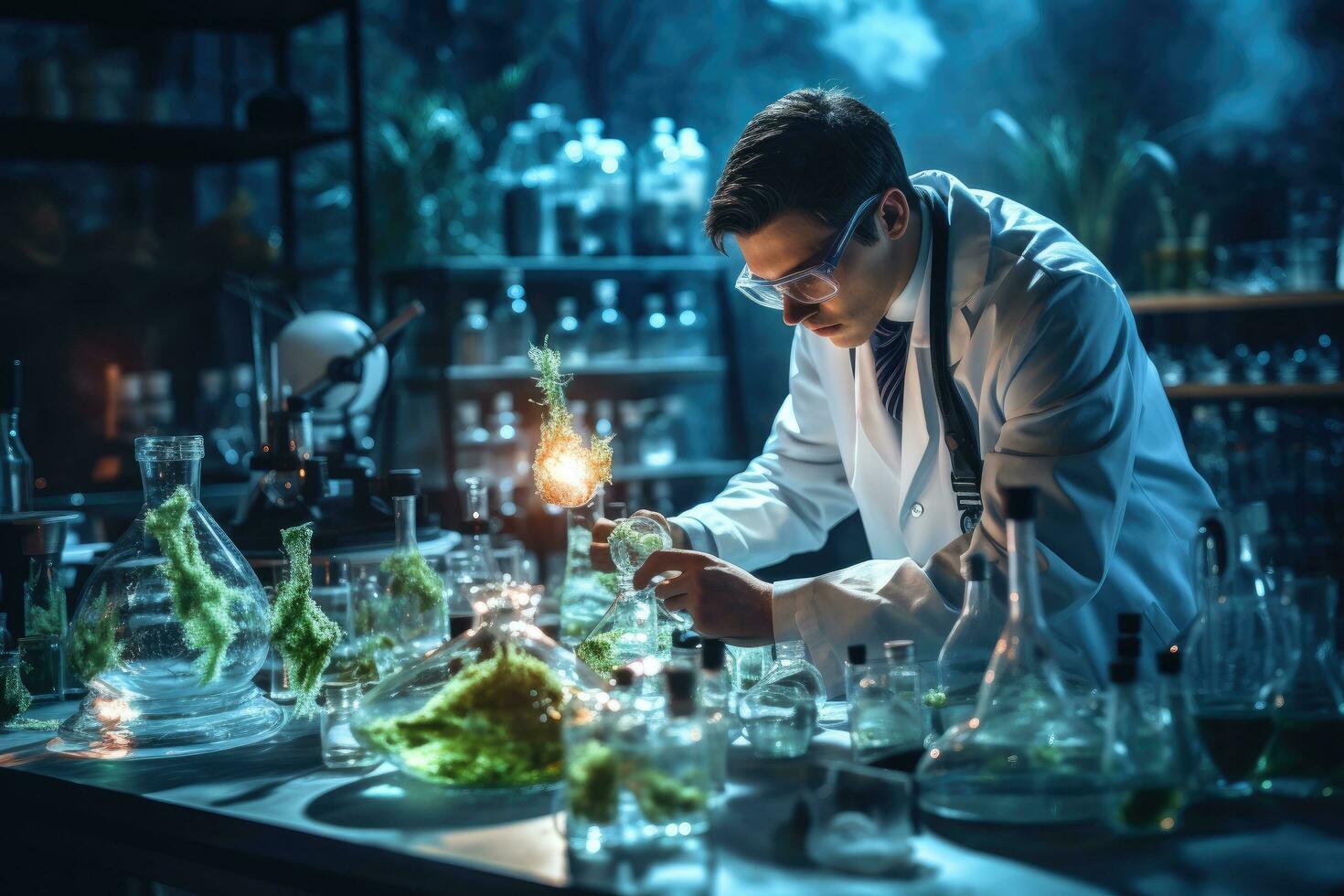 AI generated Scientist working in a laboratory. Science, chemistry, biology, medicine and people concept, Biologist Working in a Professional Laboratory, AI Generated photo