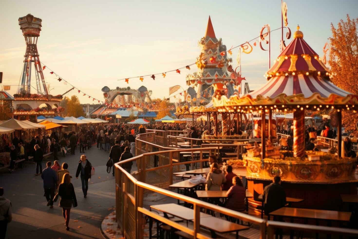 AI generated people visit the fairground rides in Frankfurt, Germany, Beer tents and fairground rides on the Oktoberfest in Munich, AI Generated photo