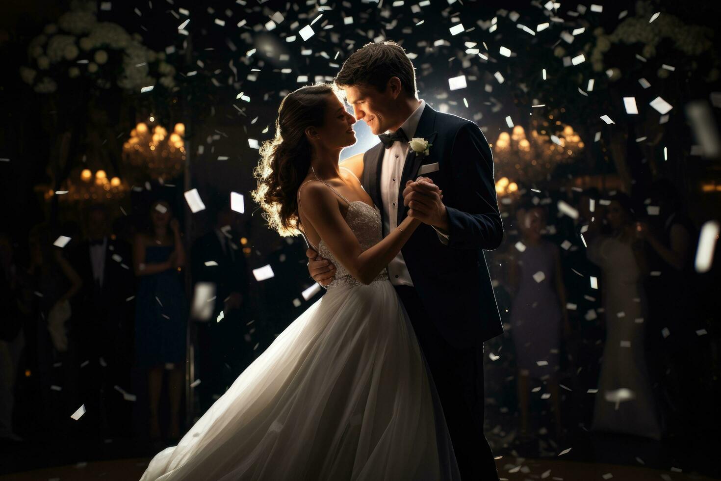 AI generated Wedding couple dancing in a restaurant on the background of confetti, Beautiful Bride and Groom Celebrate Wedding at an Evening Reception Party, AI Generated photo