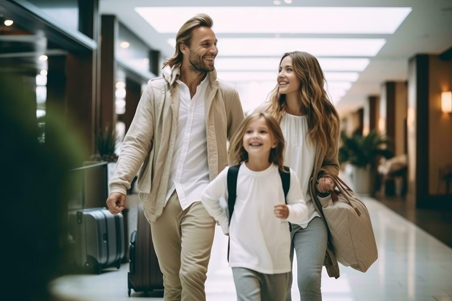 AI generated happy family with baggage walking in airport terminal and looking at each other, Beautiful happy excited family with a backpack and suitcases in modern hotel, AI Generated photo