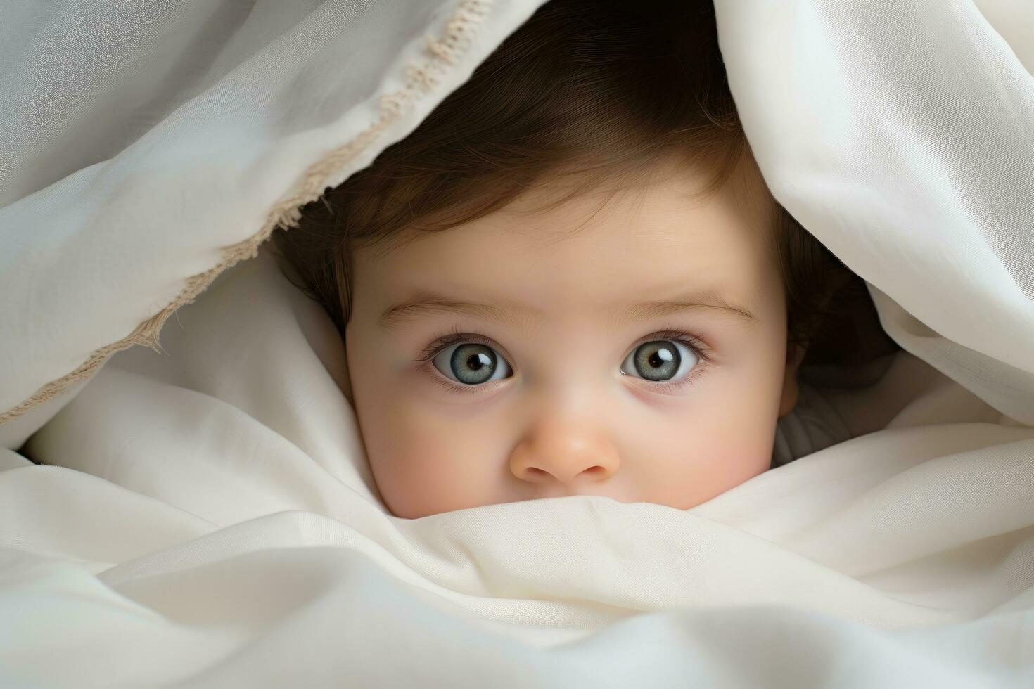 AI generated Portrait of cute little baby girl with blue eyes lying under blanket, beautiful baby looking out from under blanket, AI Generated photo