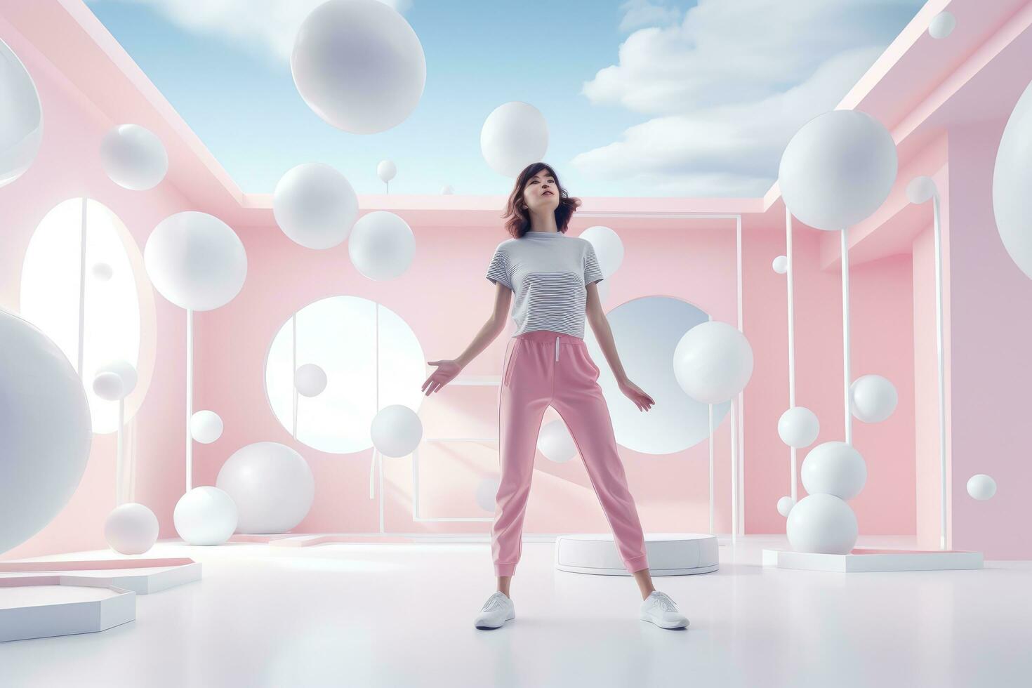 AI generated Beautiful young woman in pajamas standing in pink interior with white balls. 3D rendering, Beautiful cute sporty woman doing exercise in bright room, AI Generated photo