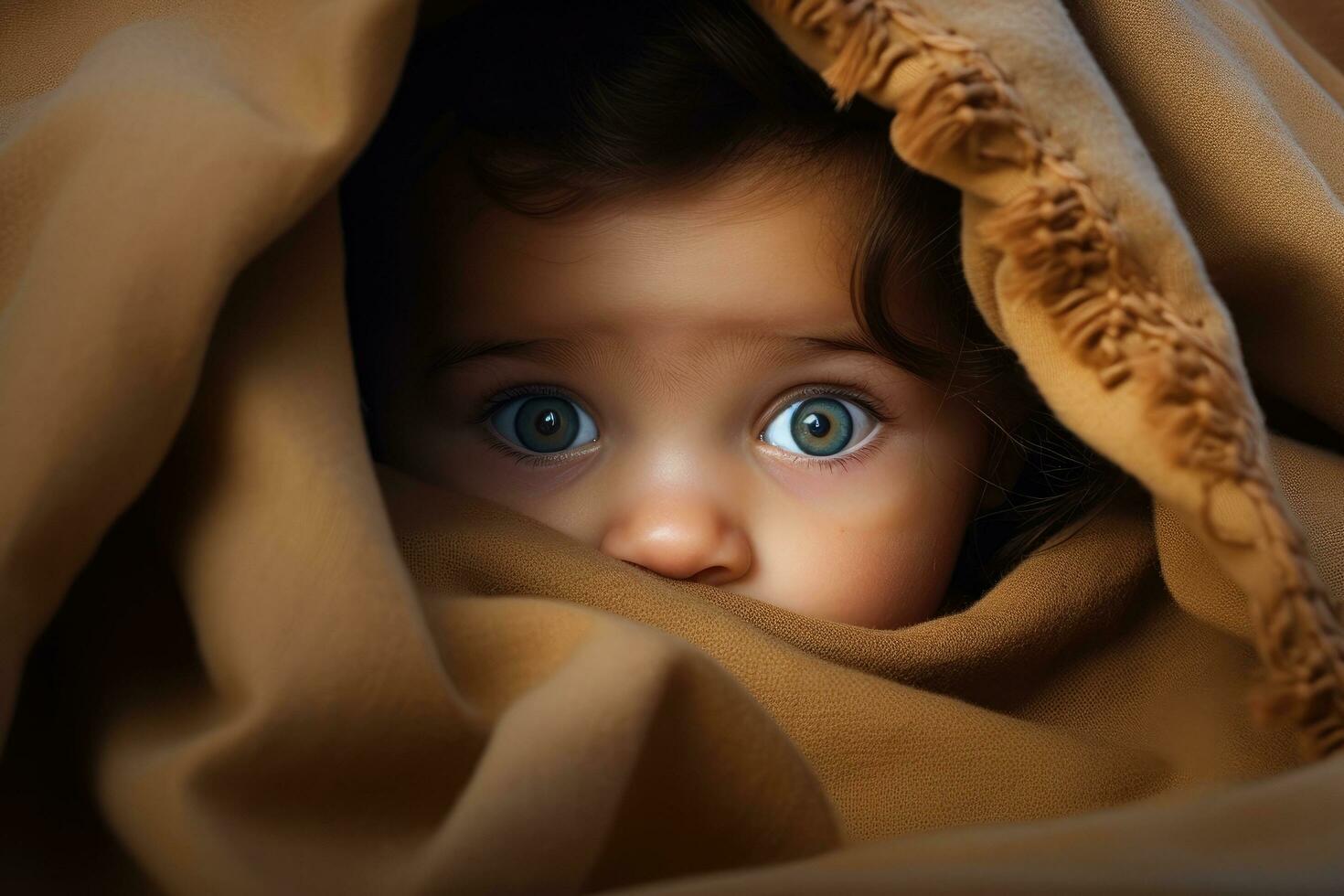 AI generated Cute little girl with blue eyes hiding under a blanket. Close-up portrait, beautiful baby looking out from under blanket, AI Generated photo