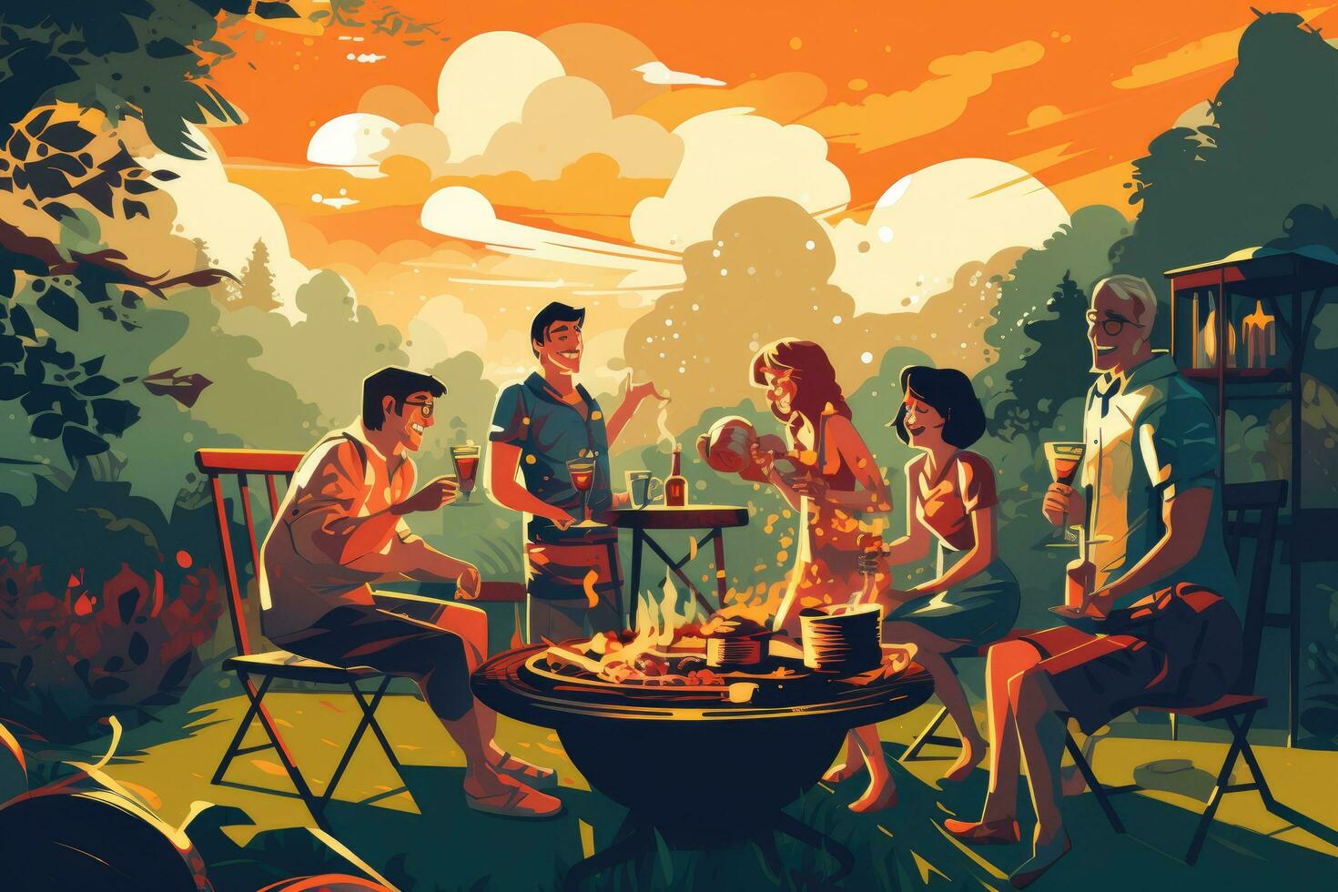 AI generated Summer picnic in the forest. Vector illustration in retro style. People are cooking meat on grill, Barbecue cooking friends enjoying the food and company, AI Generated photo