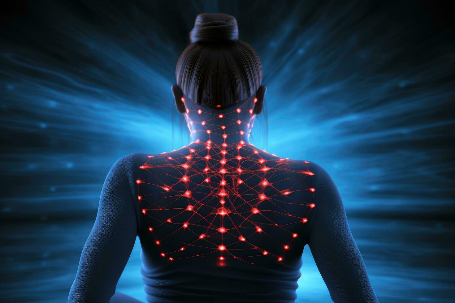 AI generated Digital composite of highlighted woman with back pain against blue light spot design, Back Pain Bad Posture Woman Sitting at office, AI Generated photo