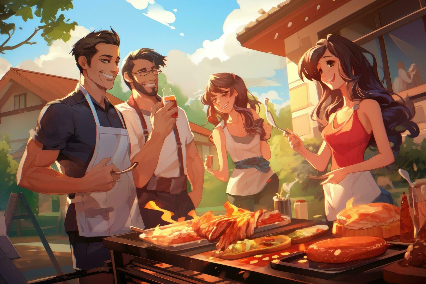 AI generated Group of friends having barbecue party in the street. Conceptual illustration, Barbecue cooking friends enjoying the food and company, AI Generated photo