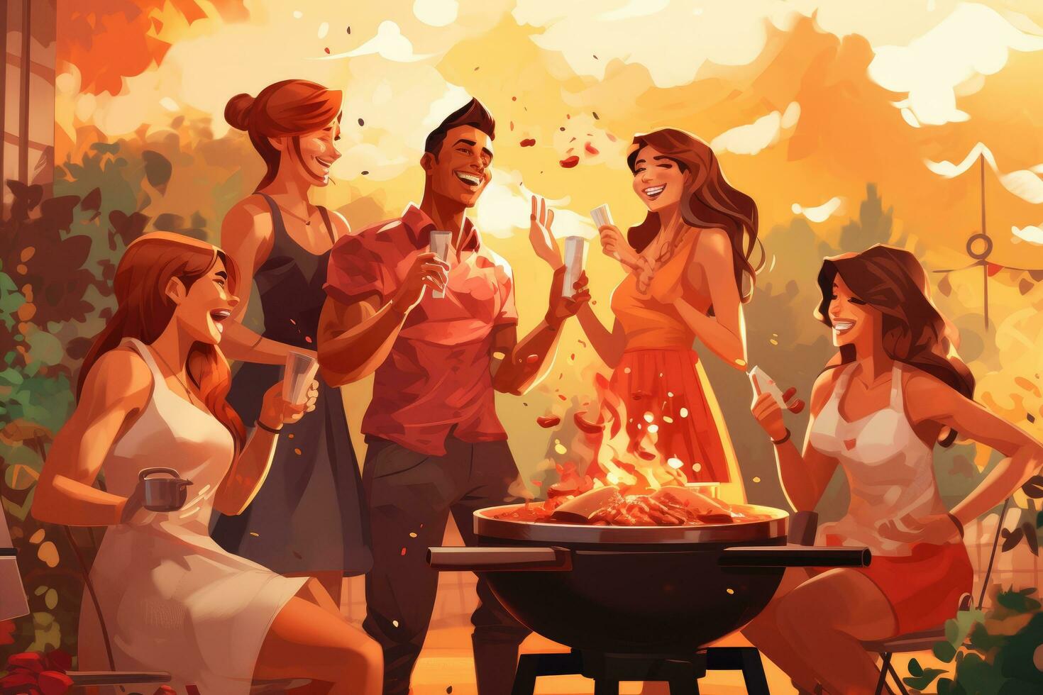 AI generated Group of friends having barbecue party. Vector illustration in cartoon style, Barbecue cooking friends enjoying the food and company, AI Generated photo