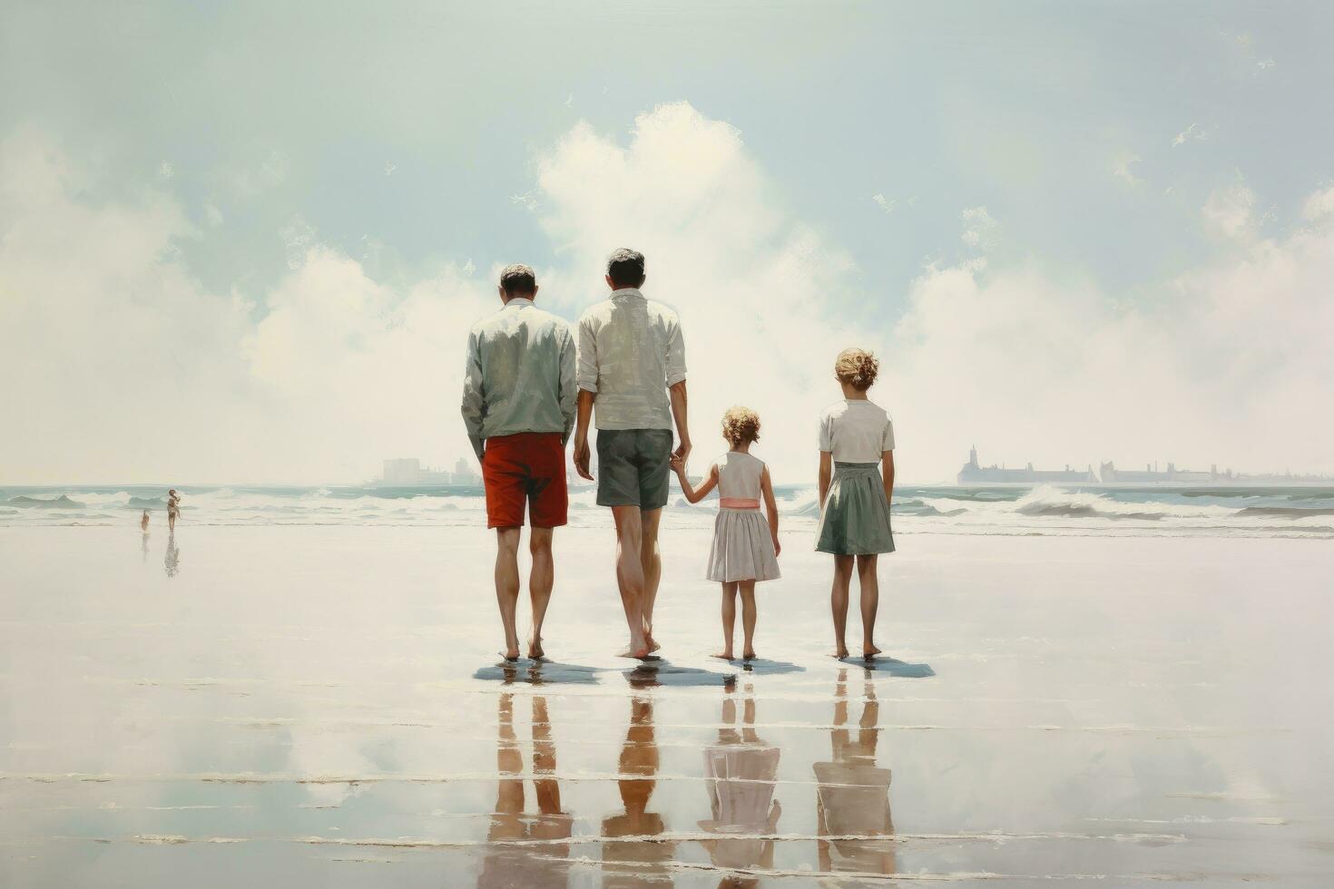 AI generated Rear view of father and children standing on beach during summer vacation, Back view of a family at the seaside, AI Generated photo