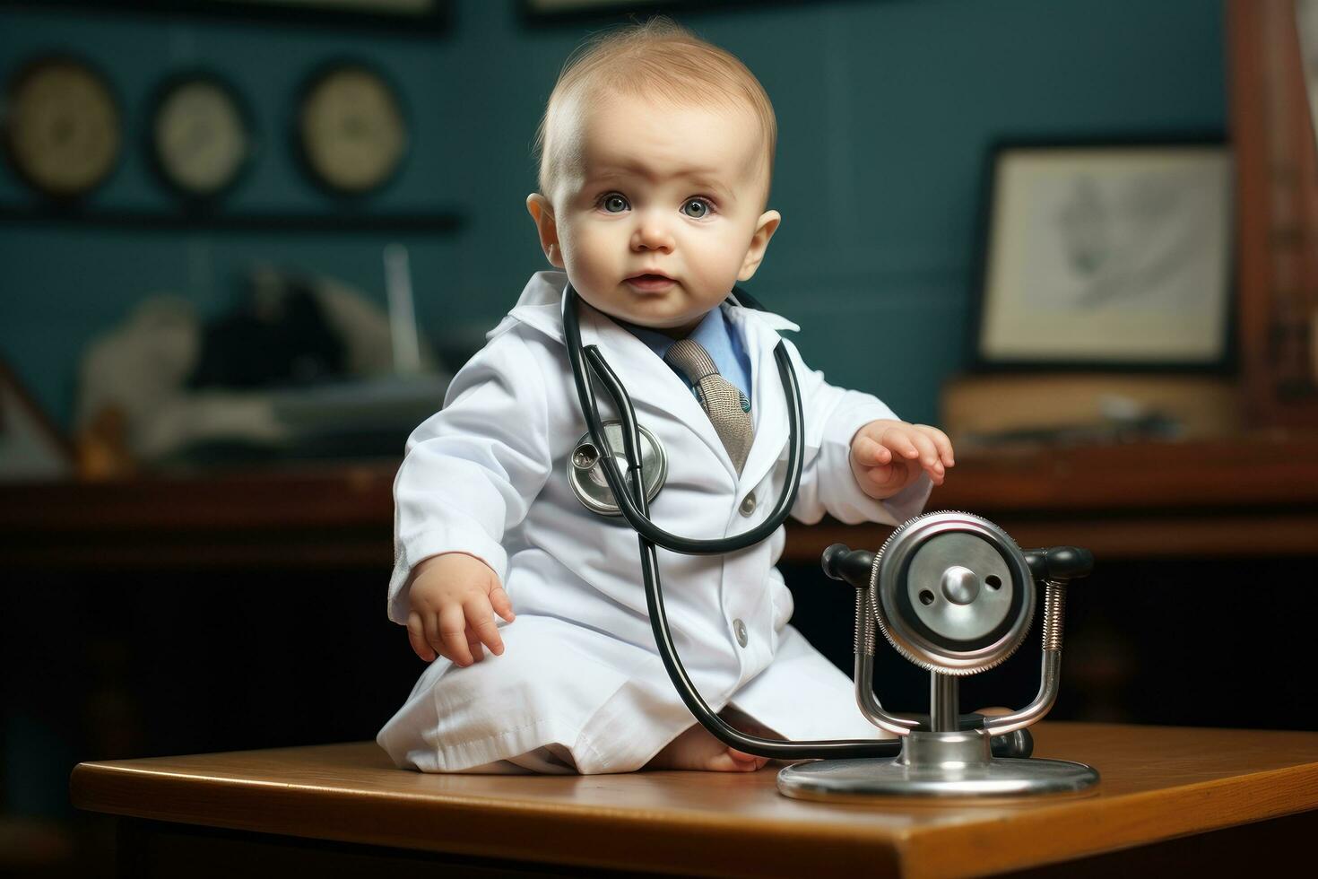 AI generated Cute baby boy playing with stethoscope at home. Healthcare concept, baby and stethoscope of pediatrician for healthcare consulting, AI Generated photo