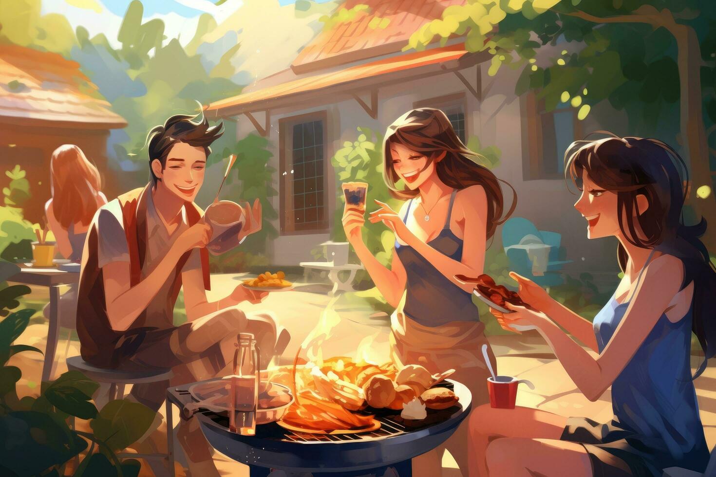 AI generated Group of friends having barbecue party in the backyard. Vector illustration, Barbecue cooking friends enjoying the food and company, AI Generated photo