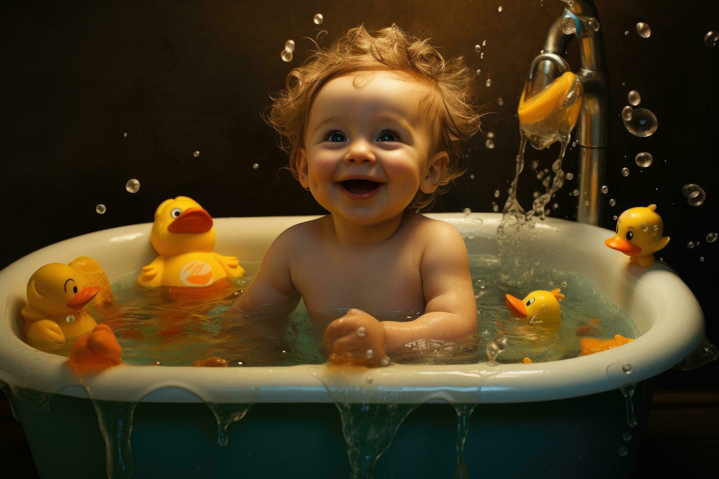 ai generado bebé chico se baña en un bañera con amarillo patitos en un oscuro fondo, bebé en baño, ai generado foto
