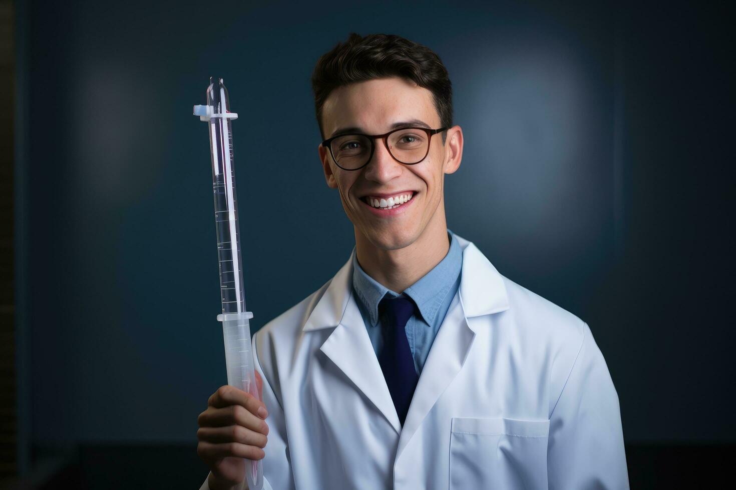 AI generated Portrait of a smiling doctor holding a syringe against dark background, Attractive smiling student holding big pipette, AI Generated photo