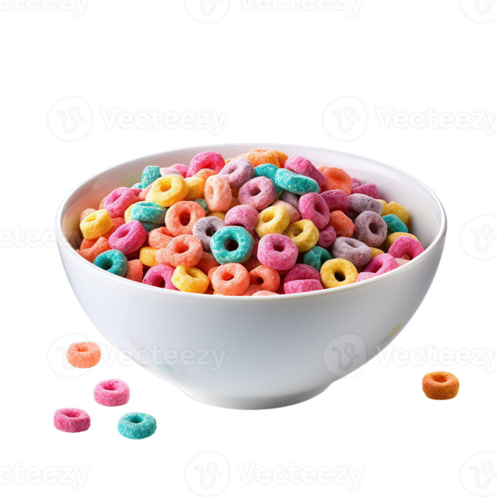 ai generado vistoso cereal bucles en blanco cuenco png