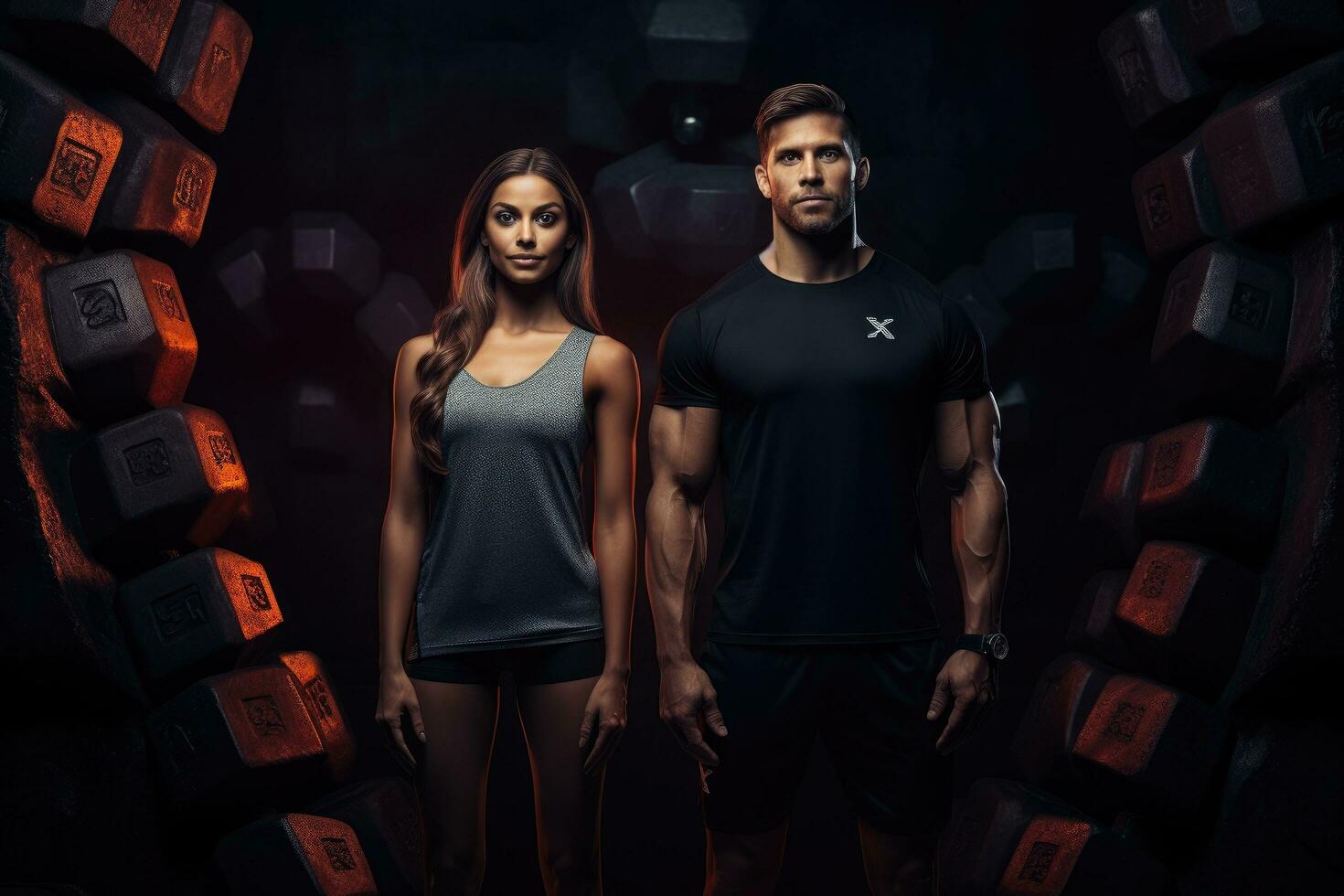 AI generated Athletic man and woman posing with dumbbells in gym, Athletic man and woman with a dumbells, AI Generated photo
