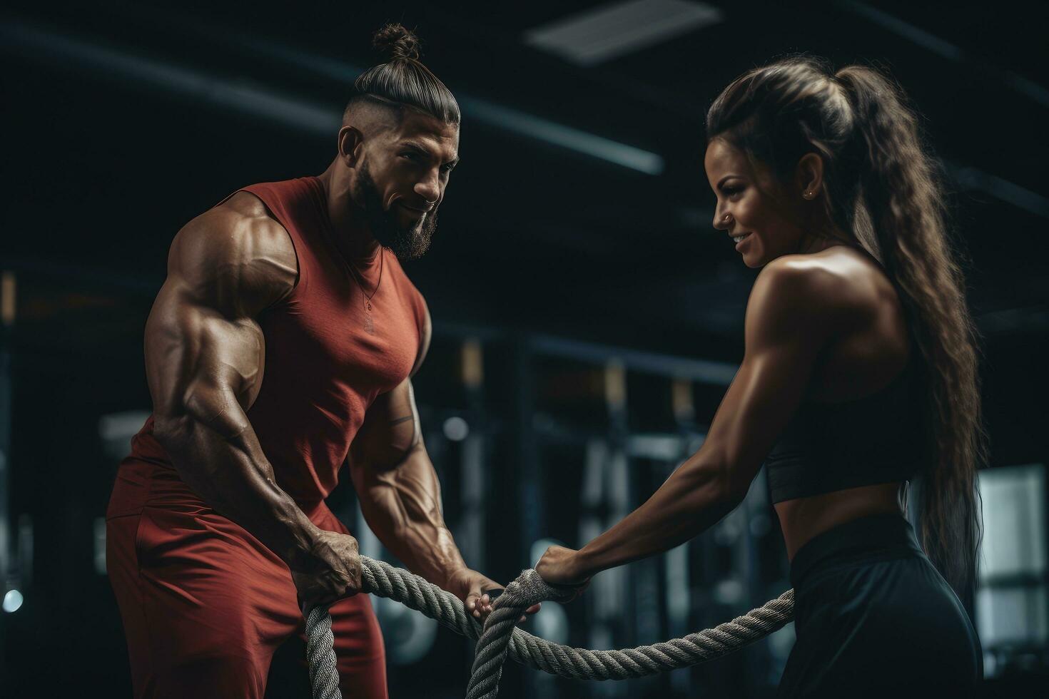 ai generado muscular hombre y mujer trabajando fuera con batalla cuerdas a el gimnasia, atlético mujer haciendo batalla cuerda ejercicio con personal entrenador a gimnasia, ai generado foto