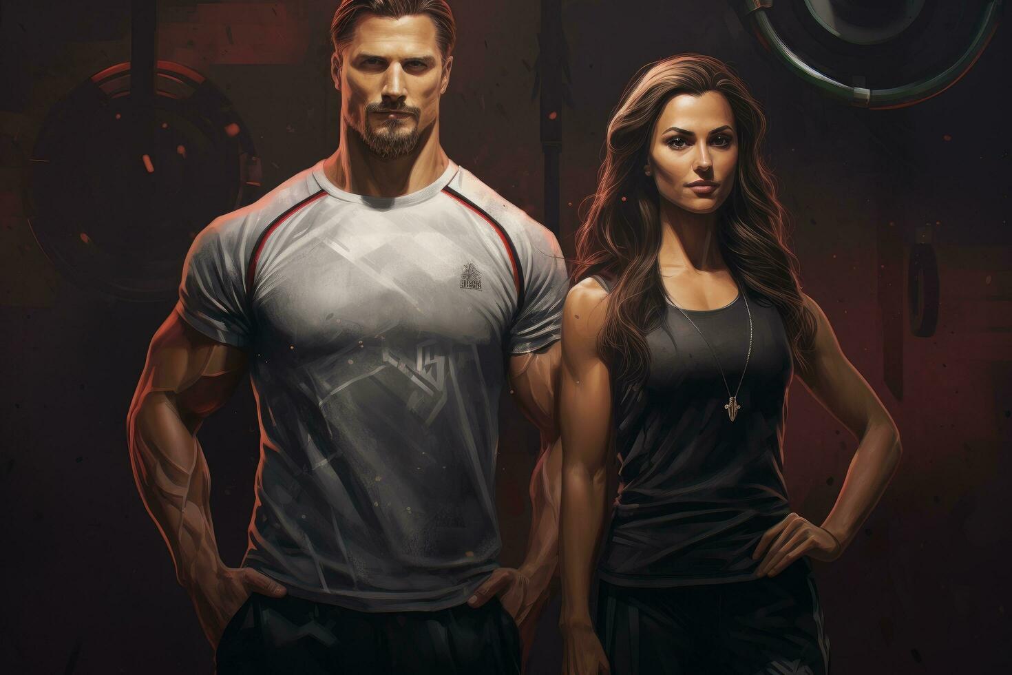 AI generated Fitness couple posing in the gym. Fitness, bodybuilding and healthy lifestyle concept, Athletic man and woman with a dumbells, AI Generated photo