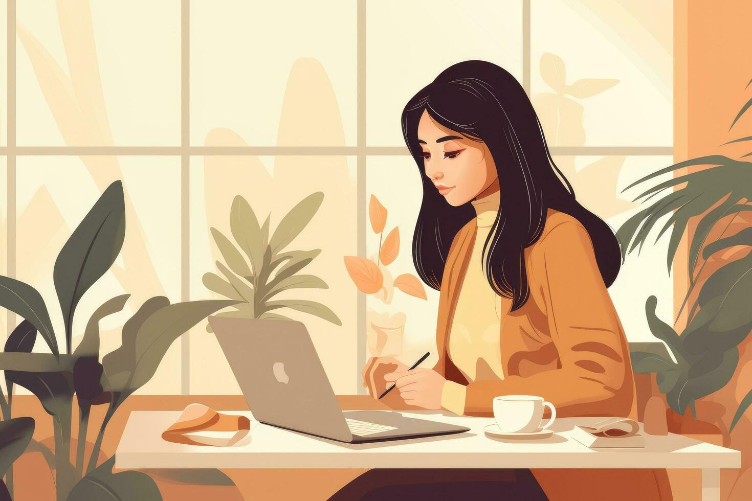 AI generated Vector illustration of a young woman working on a laptop in a cafe, Asian woman working laptop at office, AI Generated photo