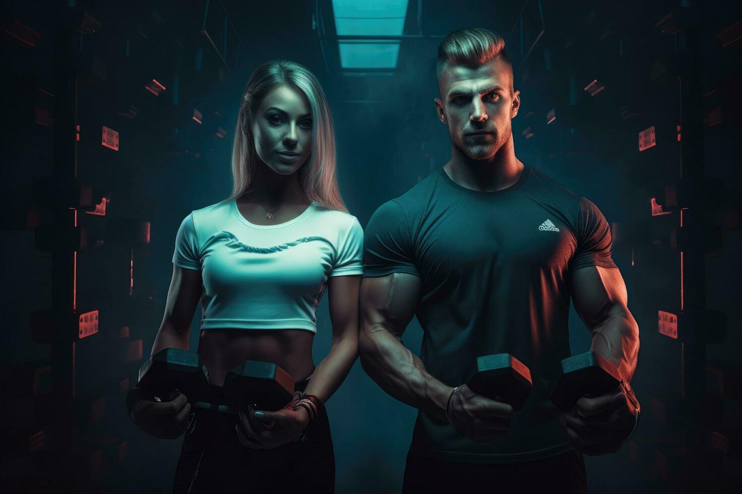 AI generated Portrait of a muscular athletic couple with dumbbells standing in the gym, Athletic man and woman with a dumbells, AI Generated photo