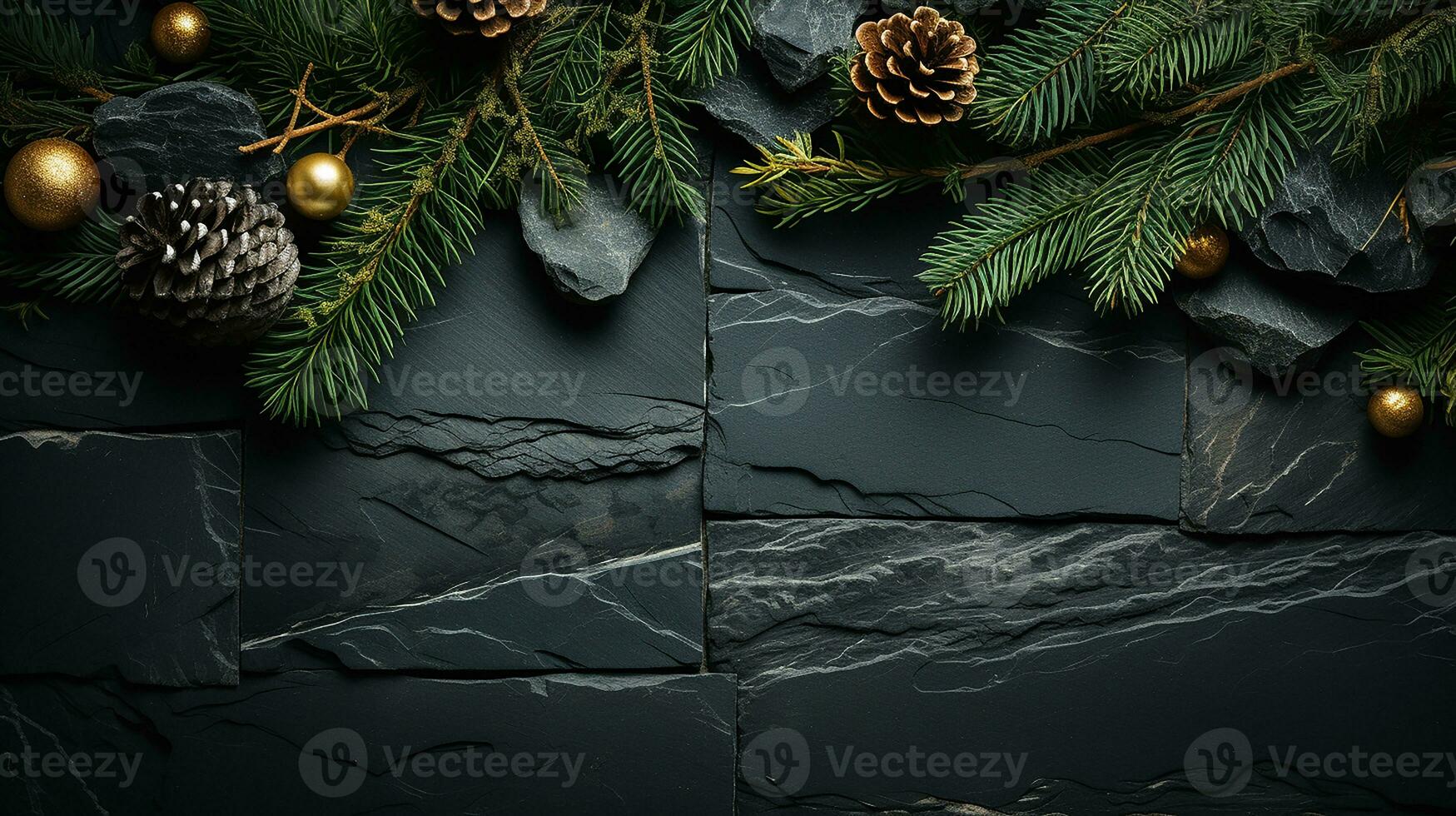 AI generated Christmas Decoration With fir Branches on a Dark Shale Background, Generative AI. photo