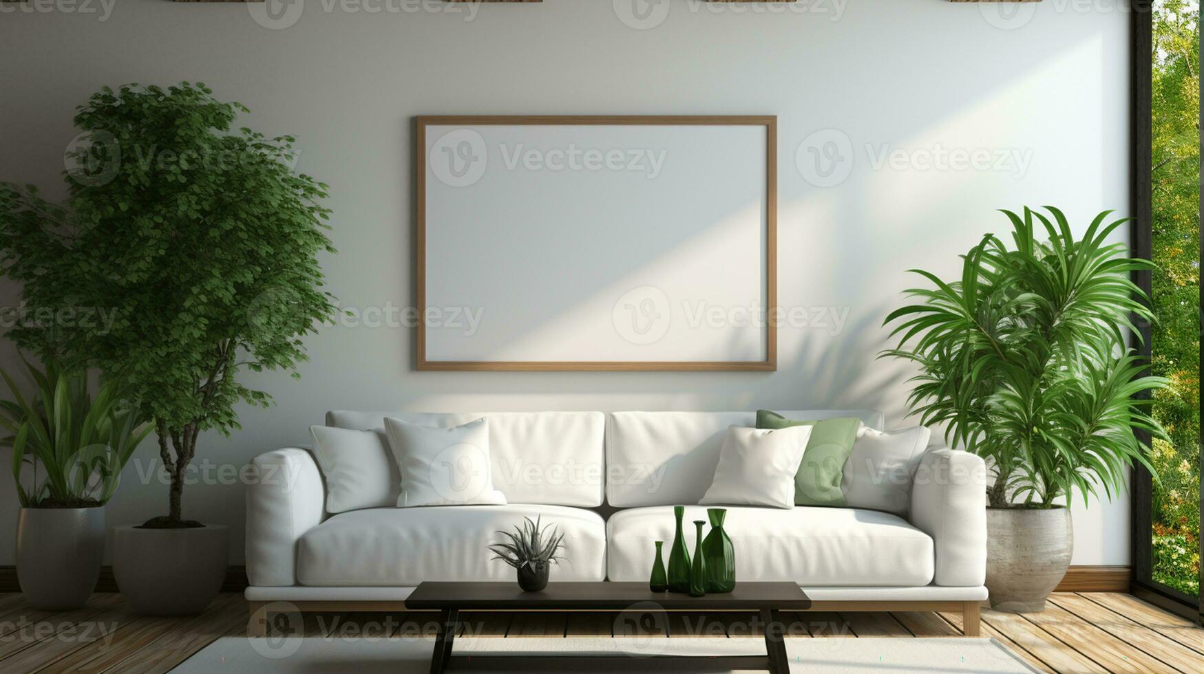 AI generated hoto interior blank photo frame living room with white sofa. 3d rendering