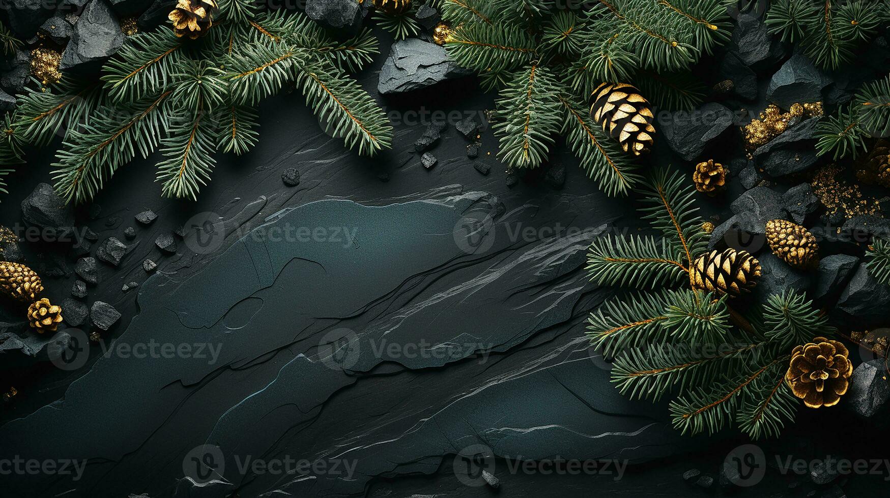 AI generated Christmas Decoration With fir Branches on a Dark Shale Background, Generative AI. photo