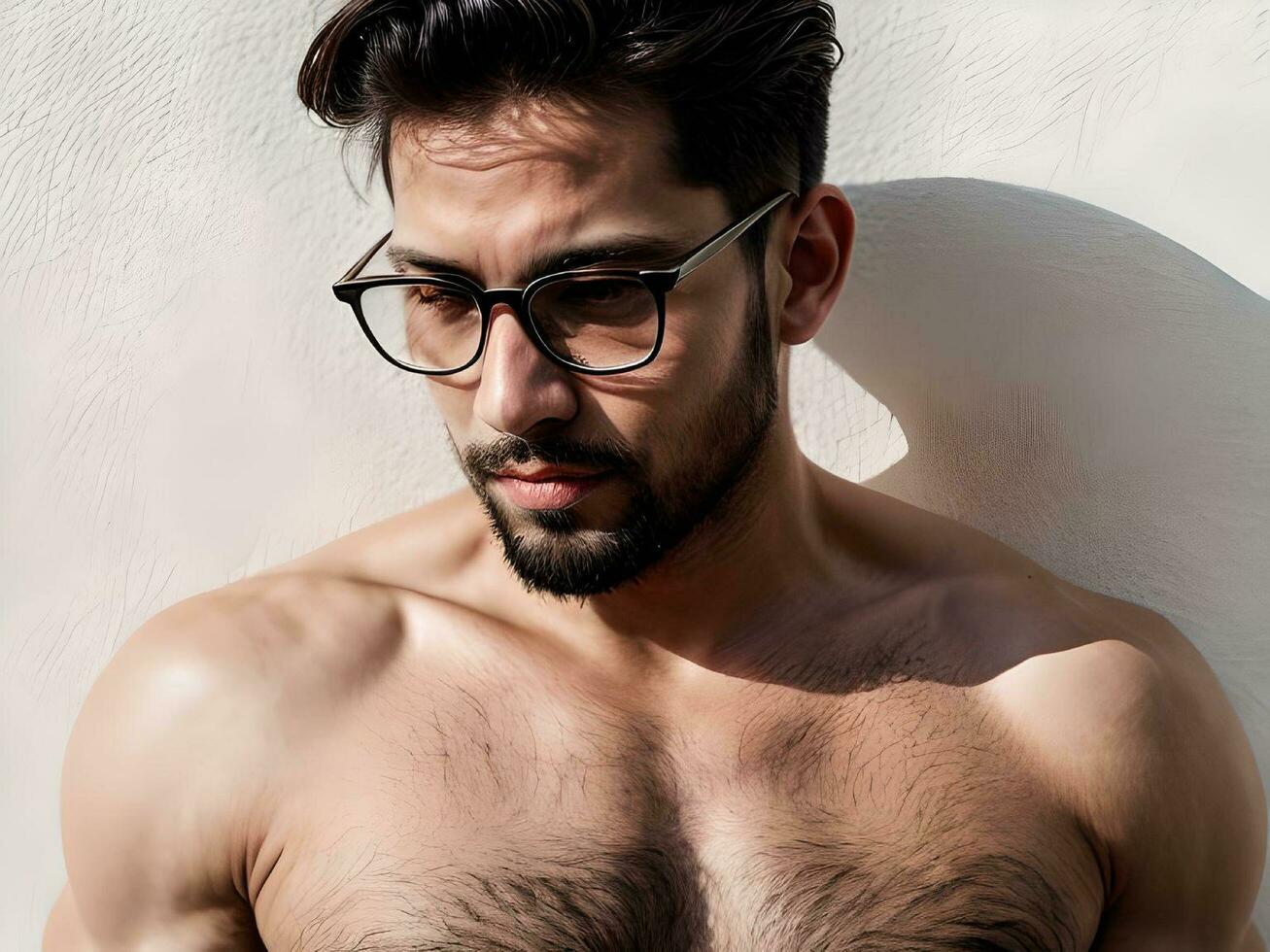 AI generated Realistic Hairy Muscular Shirtless Guy with Glasses and Facial Hair Portrait photo