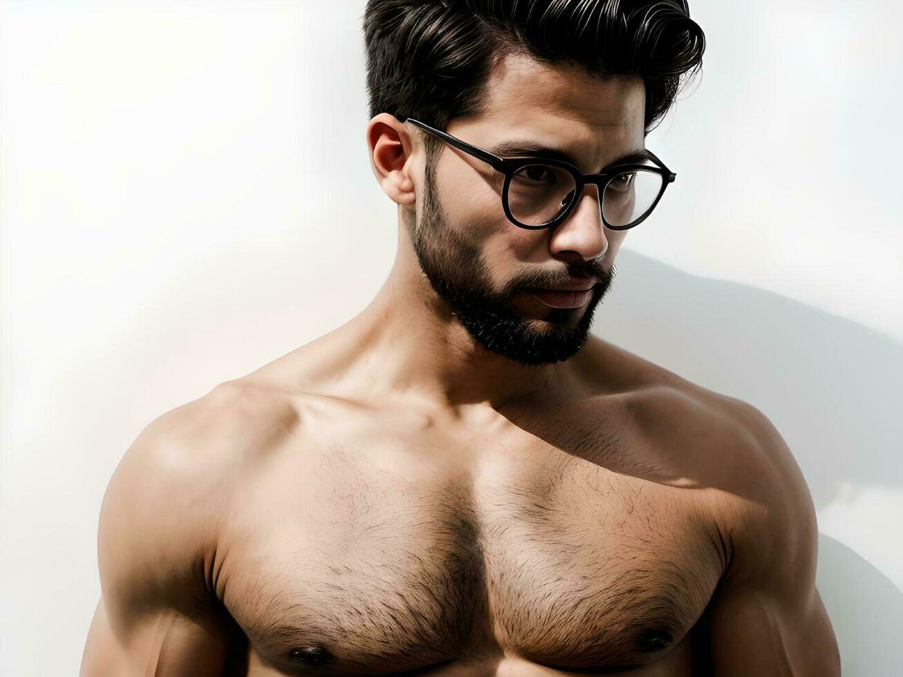 AI generated Super Realistic Muscular Hairy Guy with Glasses and Facial Hair Portrait photo