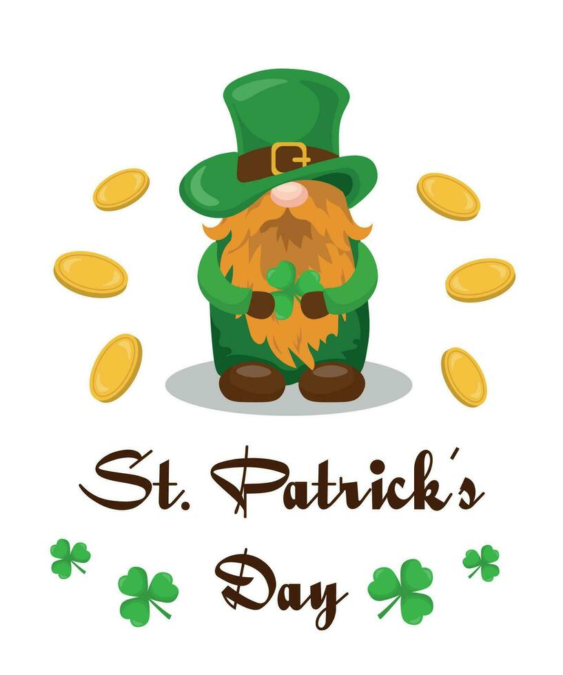 Happy St. Patrick's Day greeting card with a gnome.St Patrick's day Leprechaun.Irish Elf. Illustration, greeting card, vector