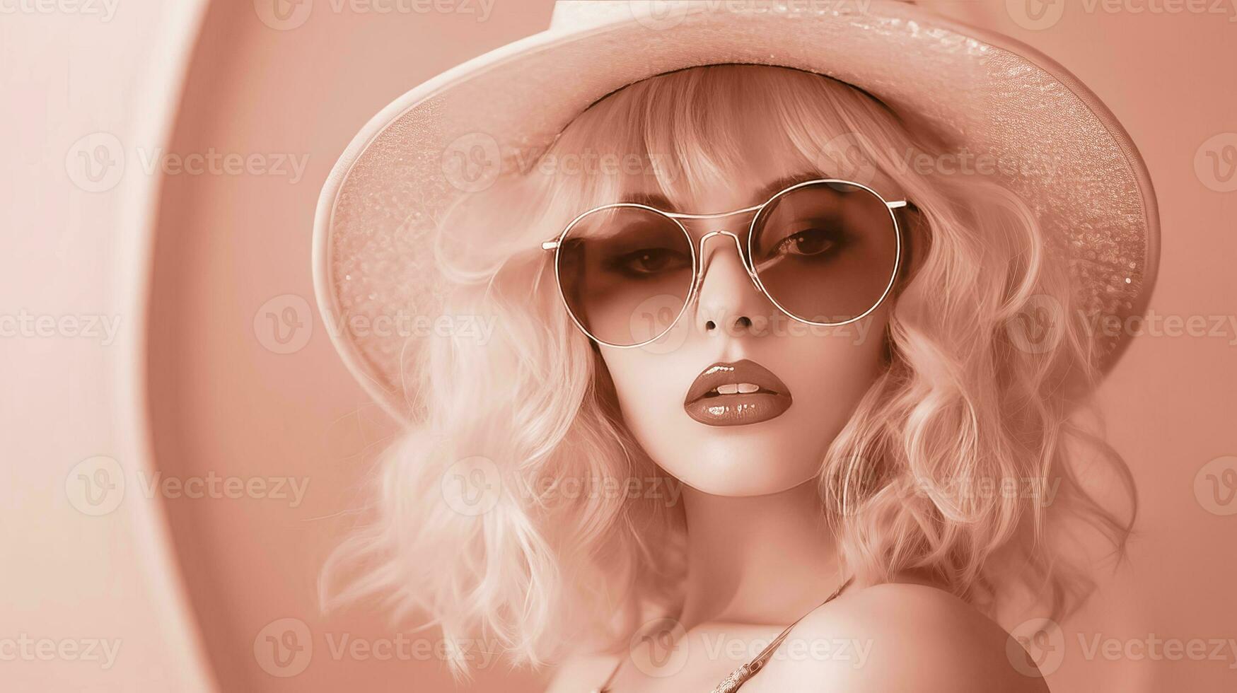 AI generated Woman wearing a pink hat and sunglasses, color of the year 2024. Ai generated. photo