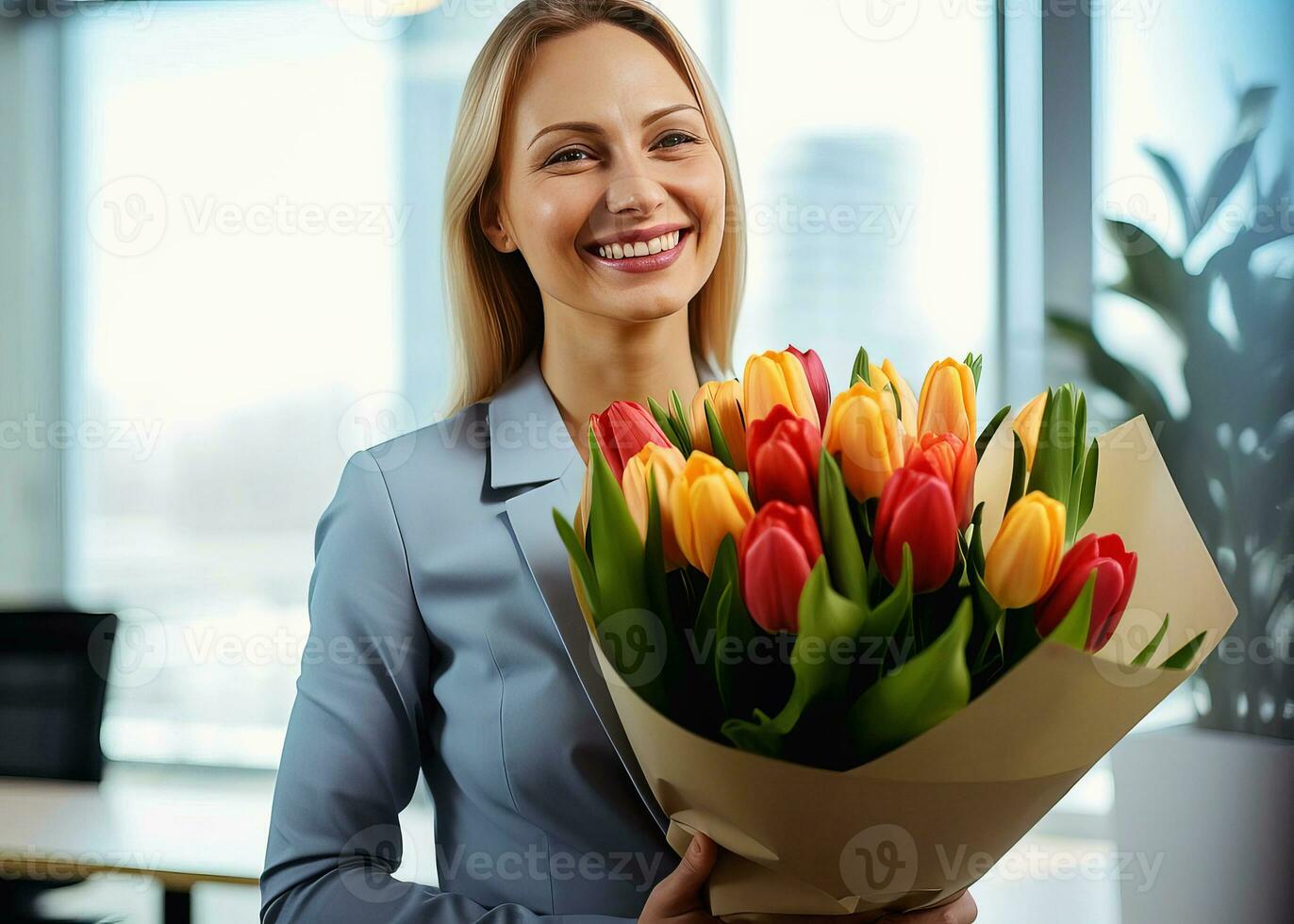 AI generated An adult woman in business clothes holds a bouquet of tulips and smiles. AI generated. photo