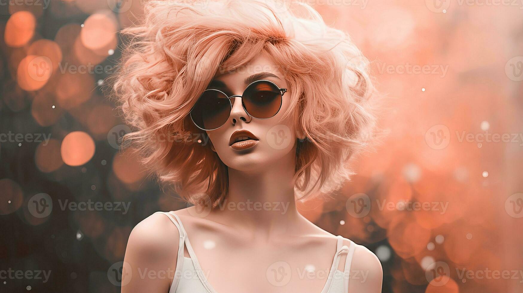 AI generated Young girl in a pink wig and sunglasses, color of the year 2024. AI generated. photo