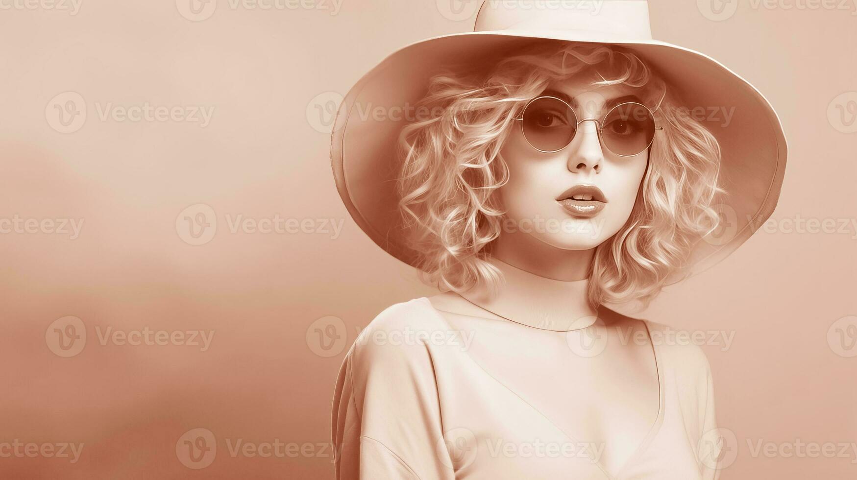 AI generated Woman wearing a pink hat and sunglasses, color of the year 2024. Ai generated. photo