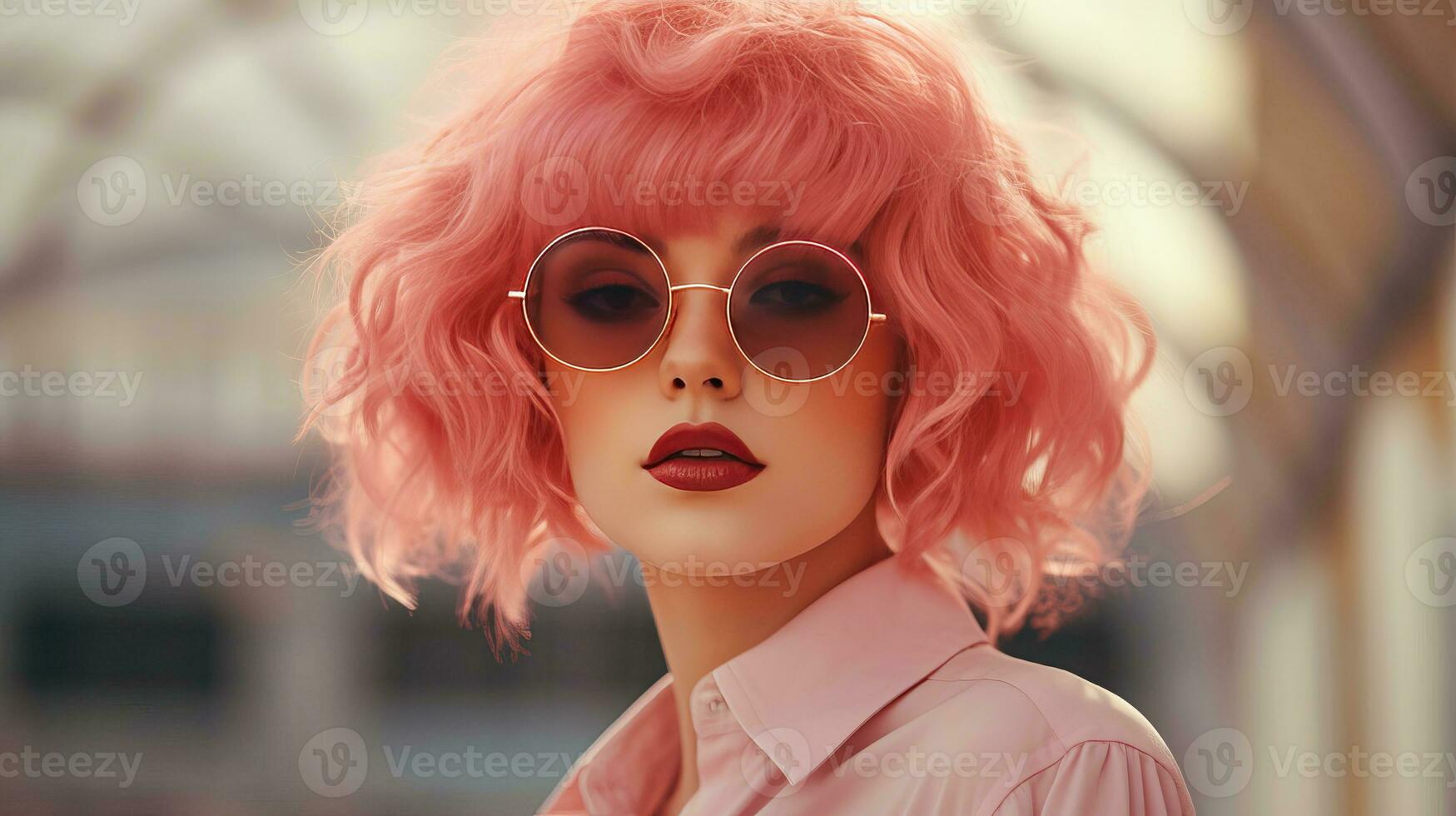 AI generated Young girl in a pink wig and sunglasses, color of the year 2024. AI generated. photo