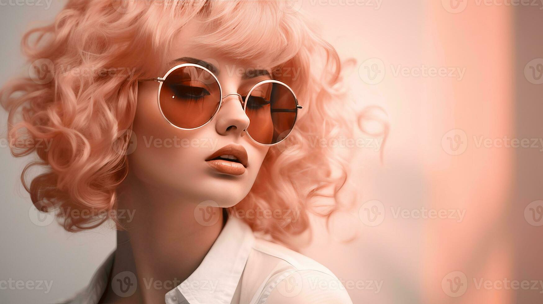 AI generated Young girl in a pink wig and sunglasses, color of the year 2024. AI generated. photo