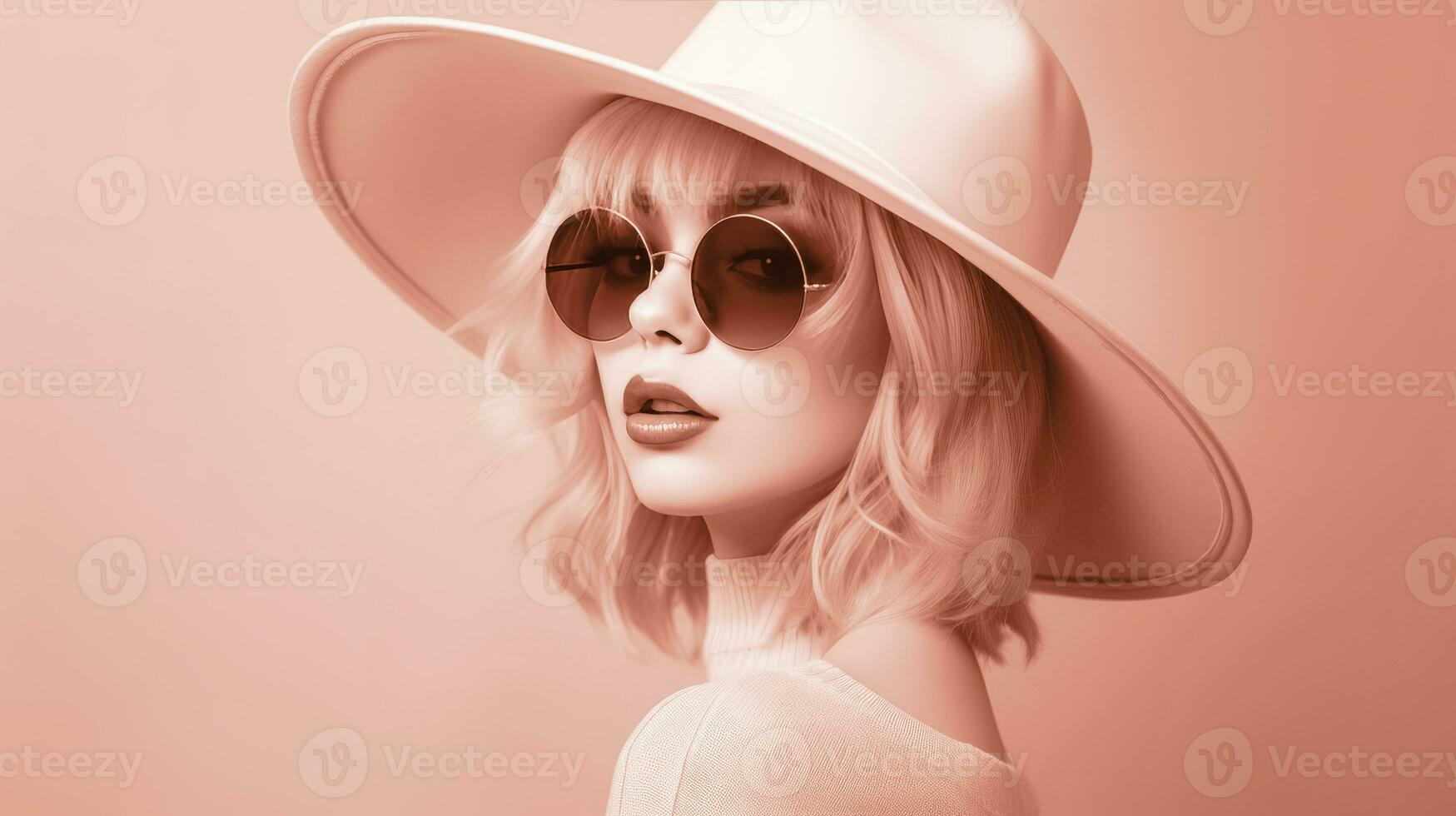 AI generated Woman wearing a pink hat and sunglasses, color of the year 2024. Ai generated. photo