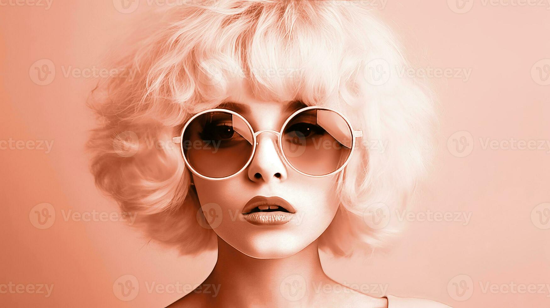 ai generado joven niña en un rosado peluca y Gafas de sol, color de el año 2024. ai generado. foto