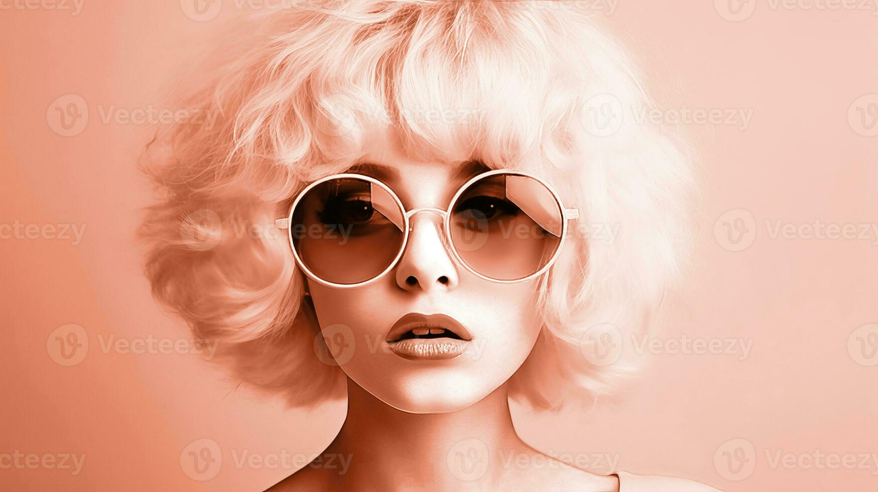 AI generated Young girl in a pink wig and sunglasses, color of the year 2024. AI generated. photo