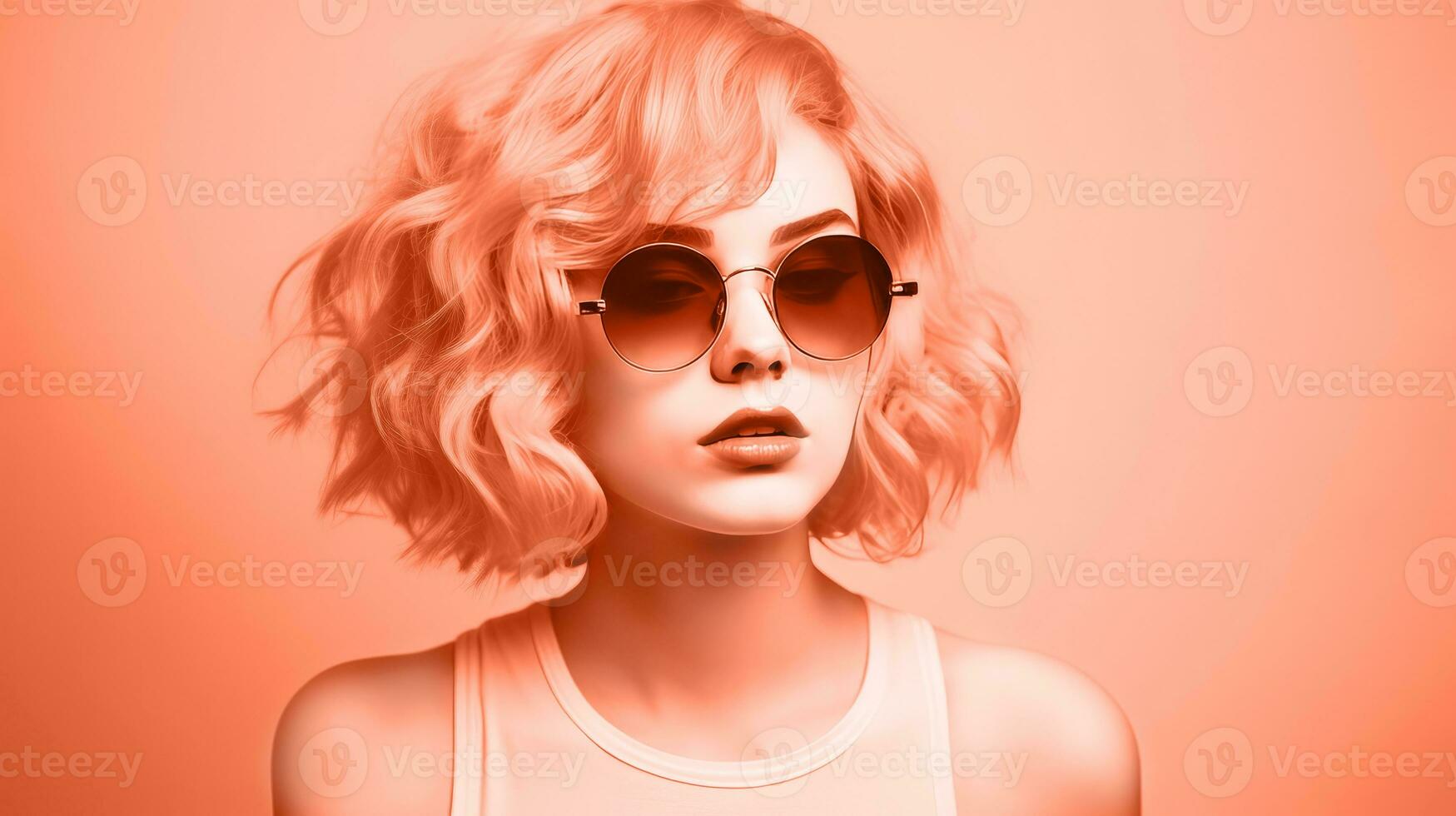 AI generated Young girl in a pink wig and sunglasses, color of the year 2024. AI generated. photo