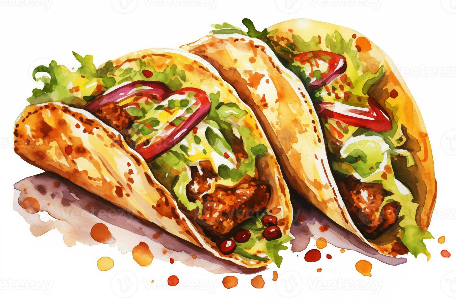 AI generated Watercolor Mexican tacos with meat and vegetables on white background. Traditional Latin American, Mexican food, cuisine. AI generated. photo