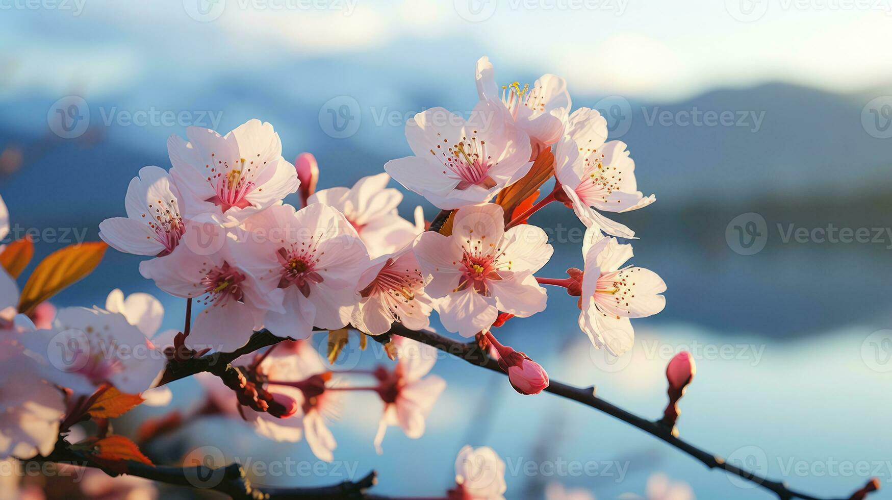 AI generated Close-up of sakura flowers on a tree branch during morning sunrise. AI generated photo