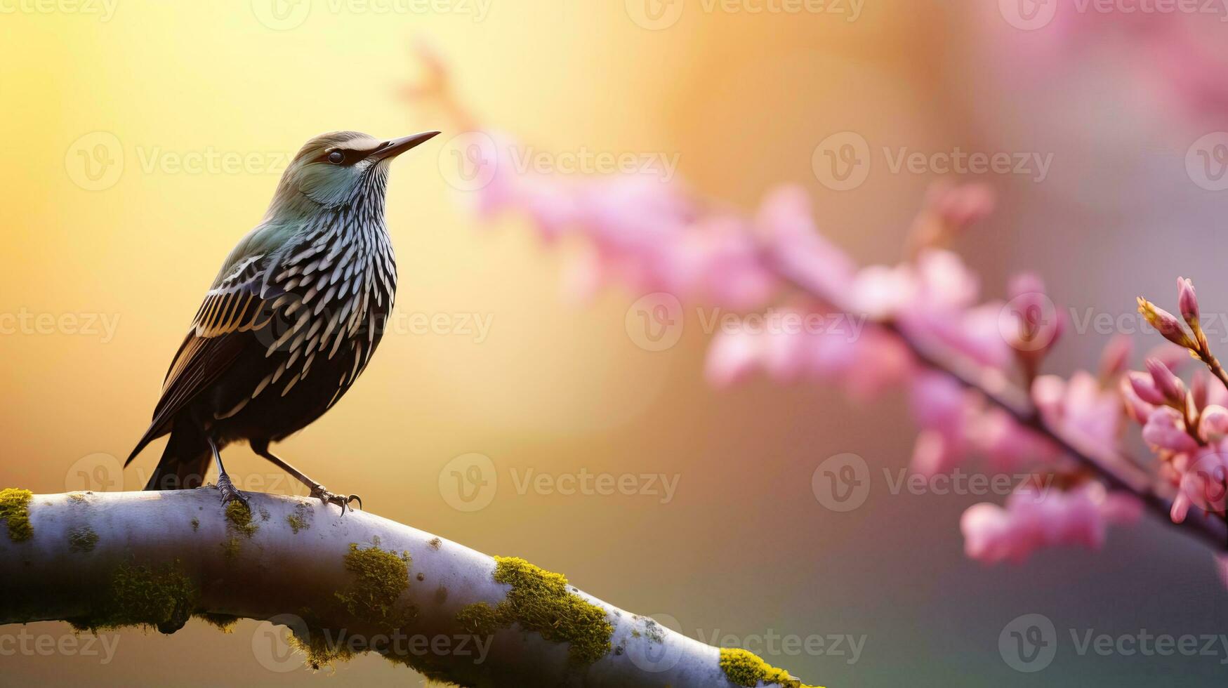 AI generated In early spring, a starling sings on a tree branch. AI generated. photo