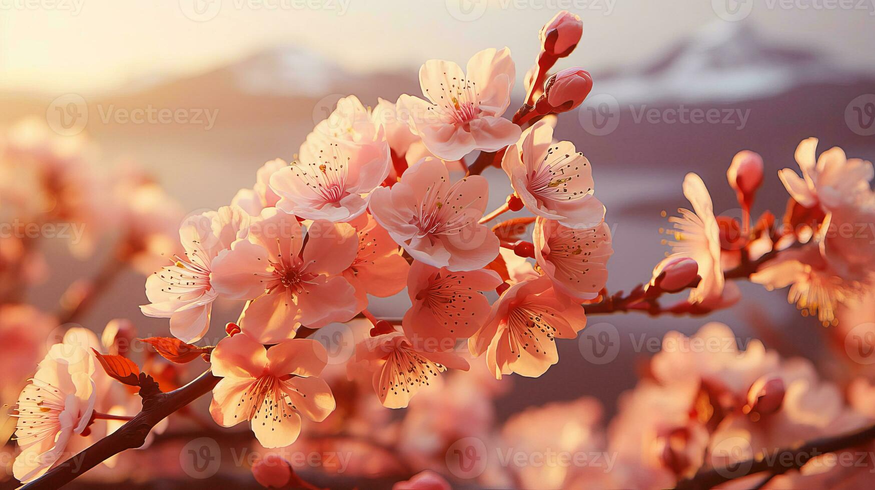 AI generated Sakura flowers during morning sunrise, color of the year 2024. AI generated. photo