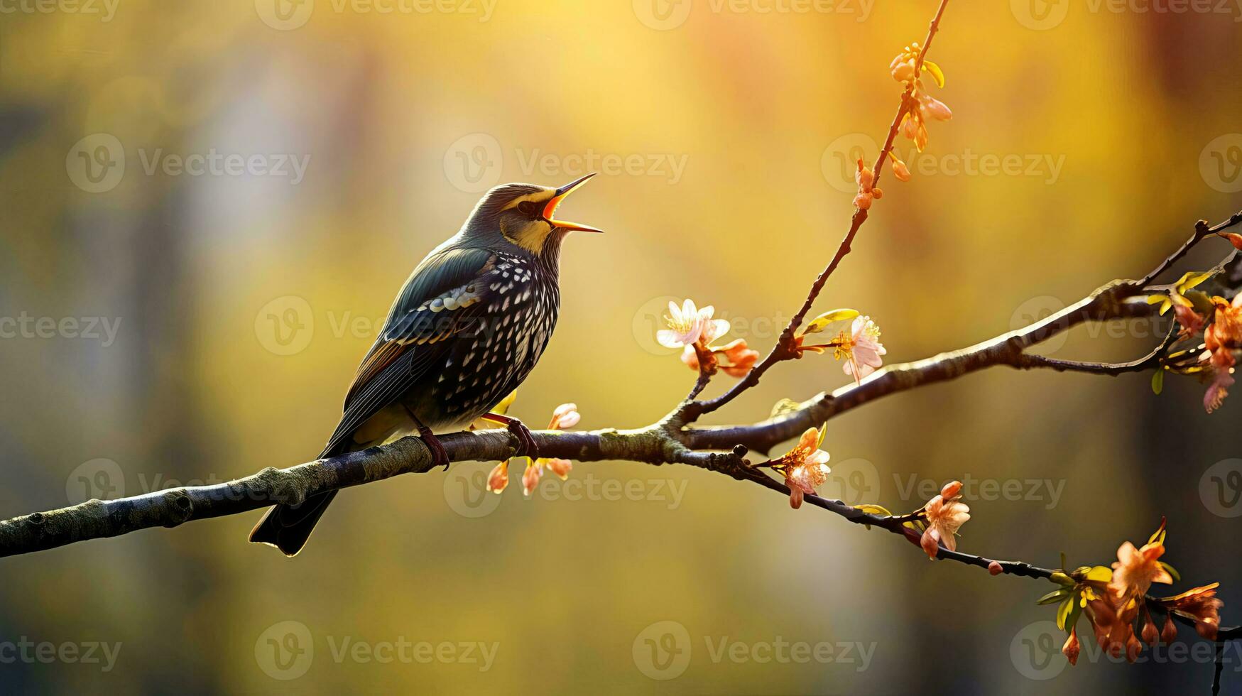 AI generated In early spring, a starling sings on a tree branch. AI generated. photo