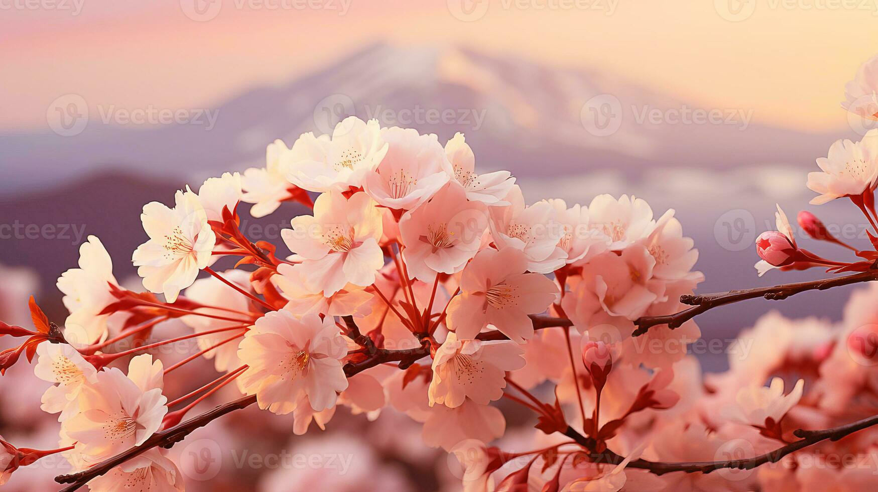 AI generated Sakura flowers during morning sunrise, color of the year 2024. AI generated. photo